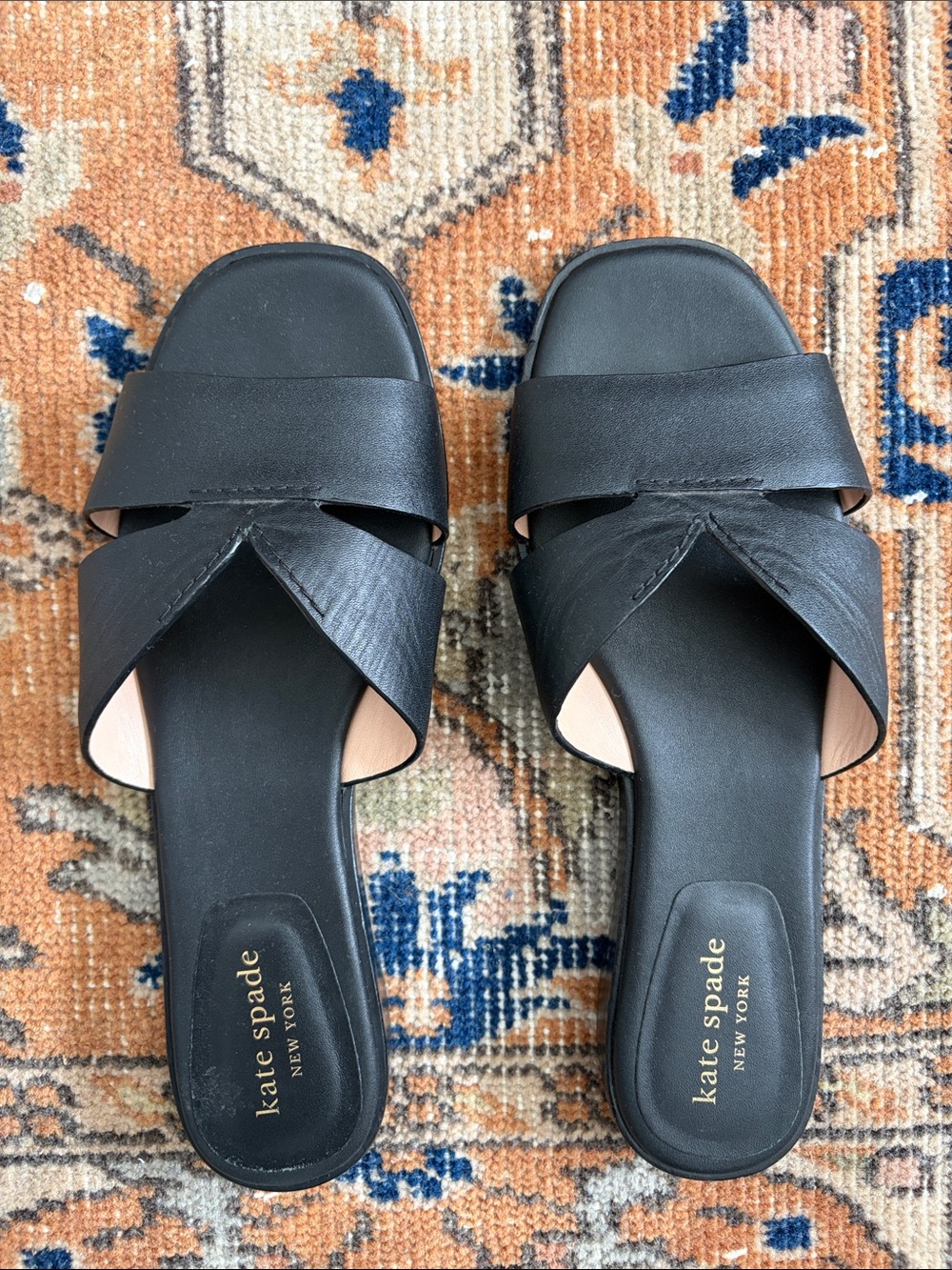 kate spade Black Leather Crossover Slide Mules